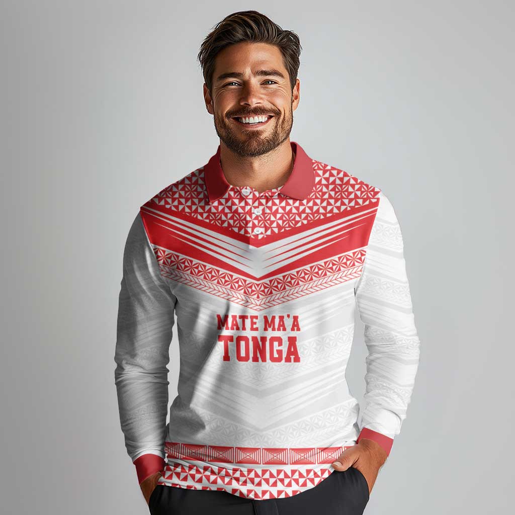 Custom Mate Ma'a Tonga Heritage Long Sleeve Polo Shirt Pacific Tribal Rugby White Edition - Polynesian Pride