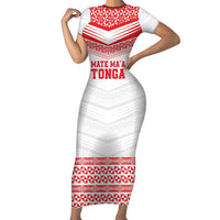 Custom Mate Ma'a Tonga Heritage Short Sleeve Bodycon Dress Pacific Tribal Rugby White Edition - Polynesian Pride
