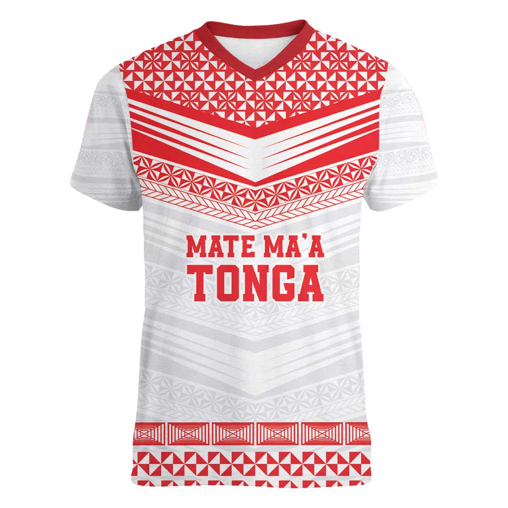 Custom Mate Ma'a Tonga Heritage Women V-Neck T-Shirt Pacific Tribal Rugby White Edition - Polynesian Pride