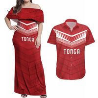 Custom Pacific Rugby Spirit Couples Matching Off Shoulder Maxi Dress and Hawaiian Shirt Tonga Ngatu Pride Red Edition - Polynesian Pride
