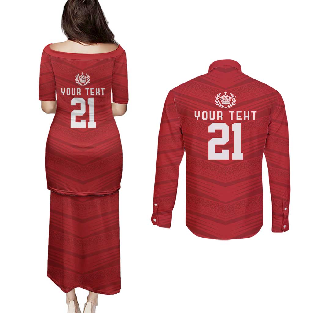 Custom Pacific Rugby Spirit Couples Matching Puletasi and Long Sleeve Button Shirt Tonga Ngatu Pride Red Edition - Polynesian Pride