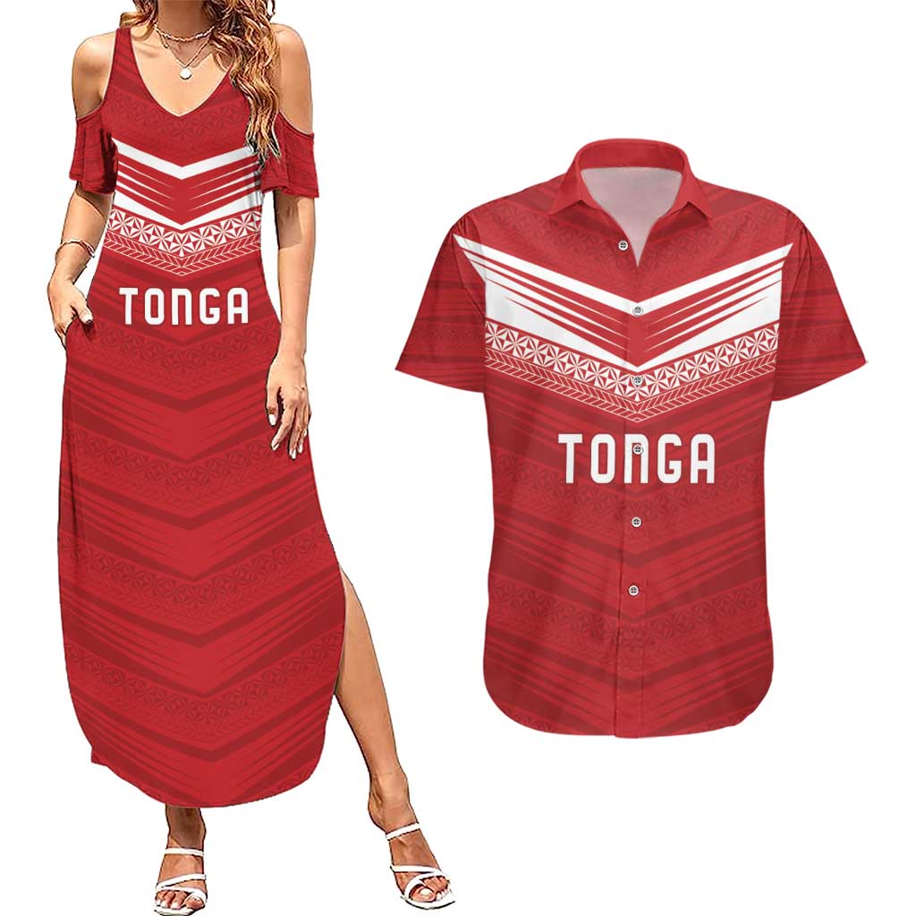 Custom Pacific Rugby Spirit Couples Matching Summer Maxi Dress and Hawaiian Shirt Tonga Ngatu Pride Red Edition - Polynesian Pride