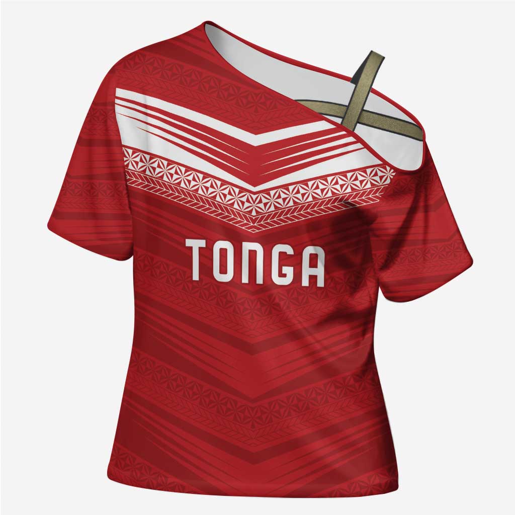 Custom Pacific Rugby Spirit Cross Shoulder Shirt Tonga Ngatu Pride Red Edition - Polynesian Pride