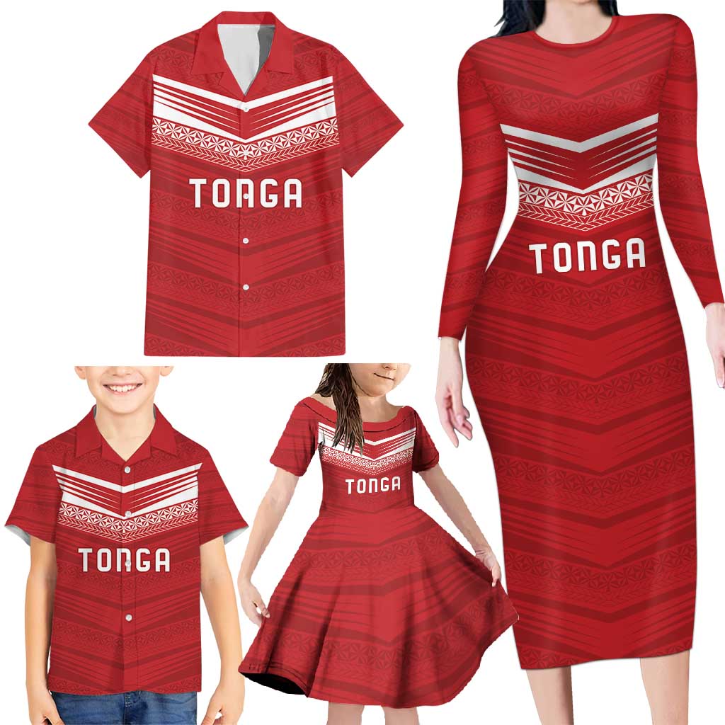 Custom Pacific Rugby Spirit Family Matching Long Sleeve Bodycon Dress and Hawaiian Shirt Tonga Ngatu Pride Red Edition - Polynesian Pride