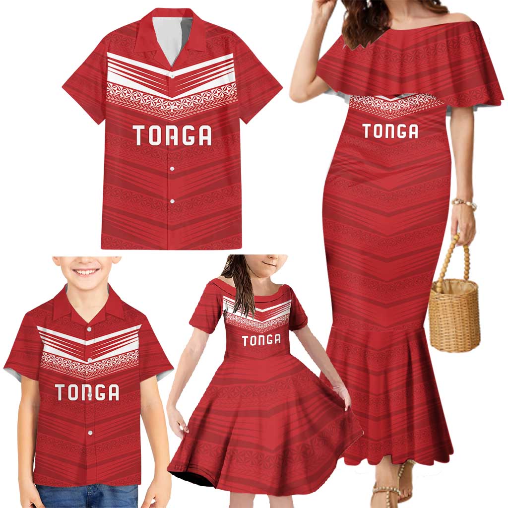 Custom Pacific Rugby Spirit Family Matching Mermaid Dress and Hawaiian Shirt Tonga Ngatu Pride Red Edition - Polynesian Pride