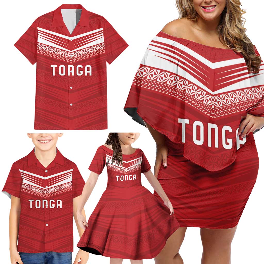 Custom Pacific Rugby Spirit Family Matching Off Shoulder Short Dress and Hawaiian Shirt Tonga Ngatu Pride Red Edition - Polynesian Pride