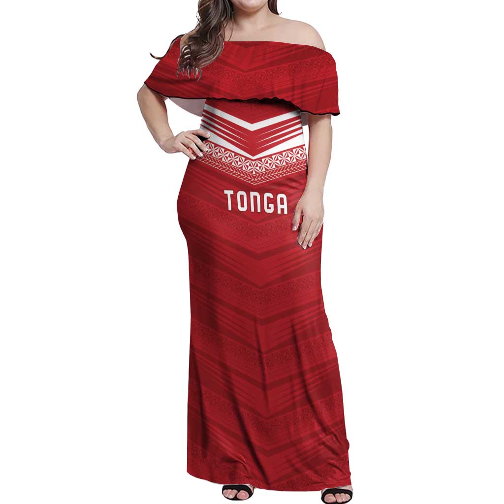 Custom Pacific Rugby Spirit Off Shoulder Maxi Dress Tonga Ngatu Pride Red Edition - Polynesian Pride