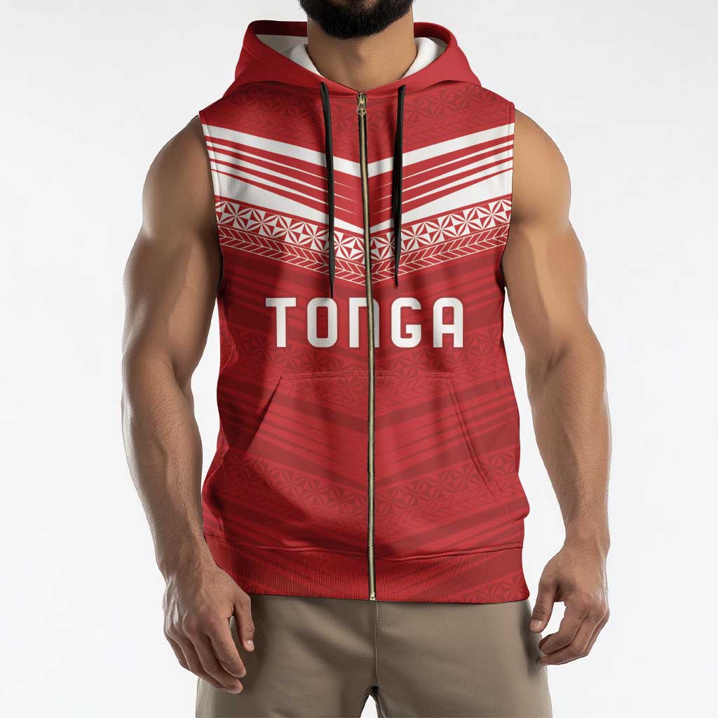 Custom Pacific Rugby Spirit Sleeveless Zip Hoodie Tonga Ngatu Pride Red Edition - Polynesian Pride