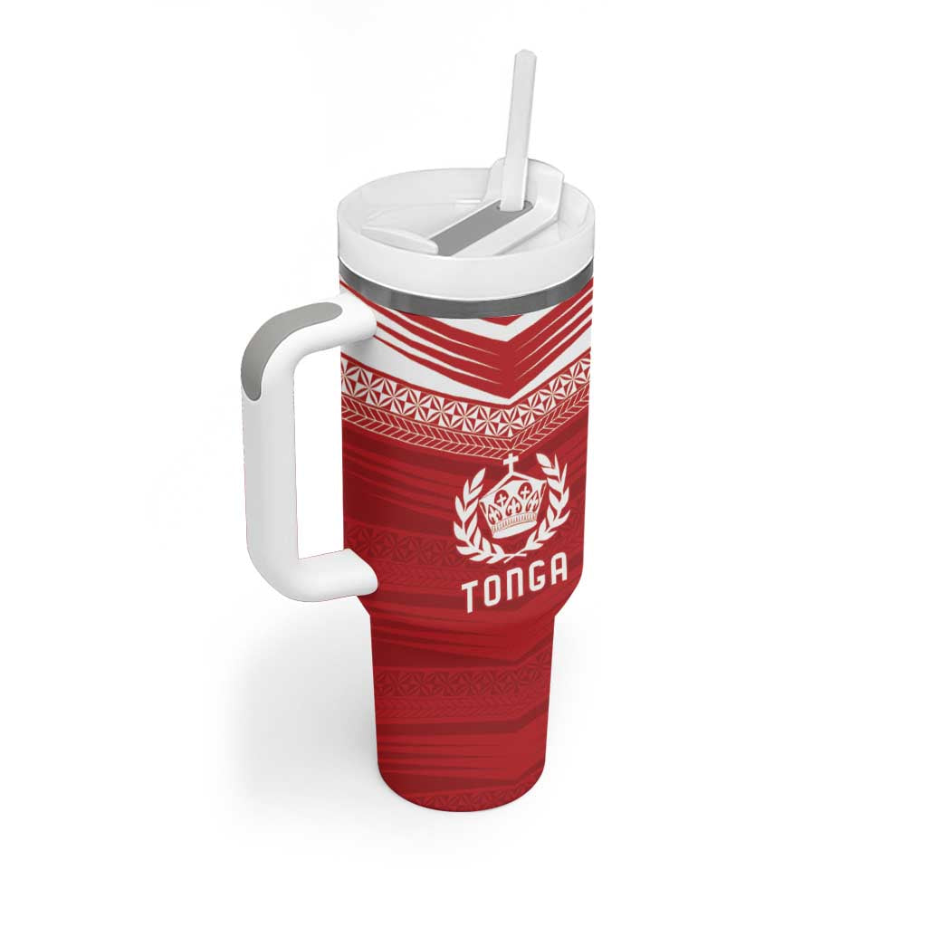 Custom Pacific Rugby Spirit Tumbler With Handle Tonga Ngatu Pride Red Edition - Polynesian Pride