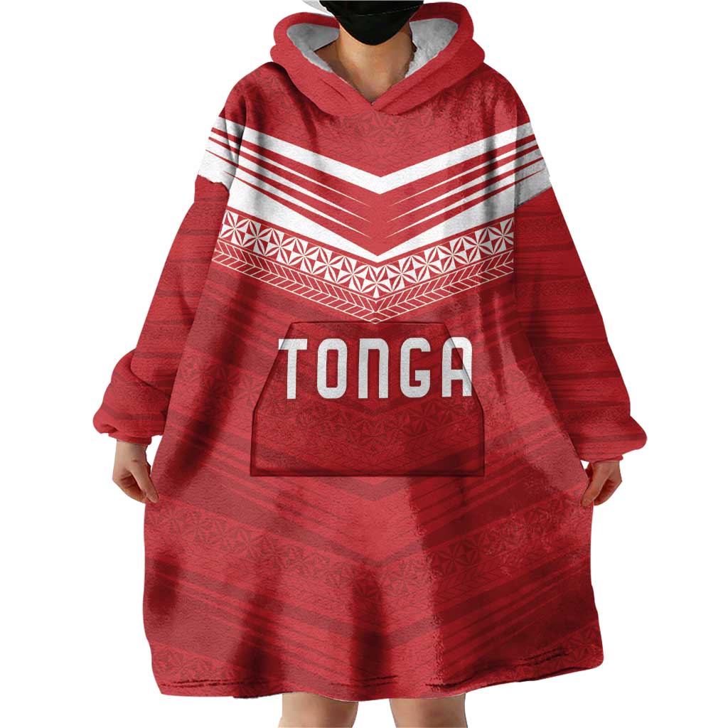 Custom Pacific Rugby Spirit Wearable Blanket Hoodie Tonga Ngatu Pride Red Edition - Polynesian Pride