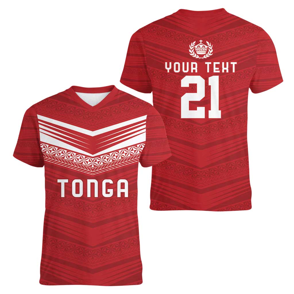 Custom Pacific Rugby Spirit Women V-Neck T-Shirt Tonga Ngatu Pride Red Edition - Polynesian Pride