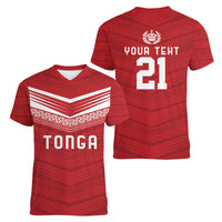 Custom Pacific Rugby Spirit Women V-Neck T-Shirt Tonga Ngatu Pride Red Edition - Polynesian Pride