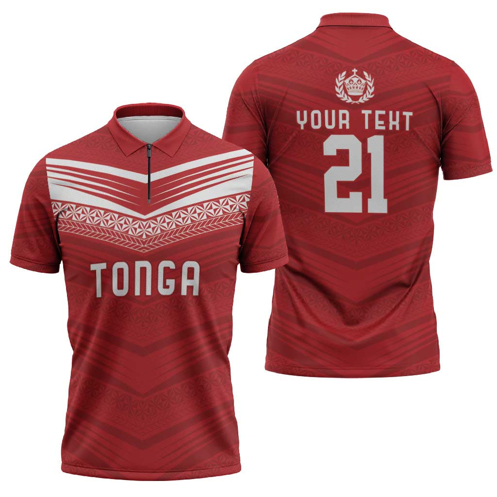 Custom Pacific Rugby Spirit Zipper Polo Shirt Tonga Ngatu Pride Red Edition - Polynesian Pride