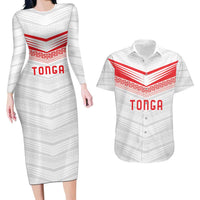 Custom Pacific Rugby Spirit Couples Matching Long Sleeve Bodycon Dress and Hawaiian Shirt Tonga Ngatu Pride White Edition - Polynesian Pride