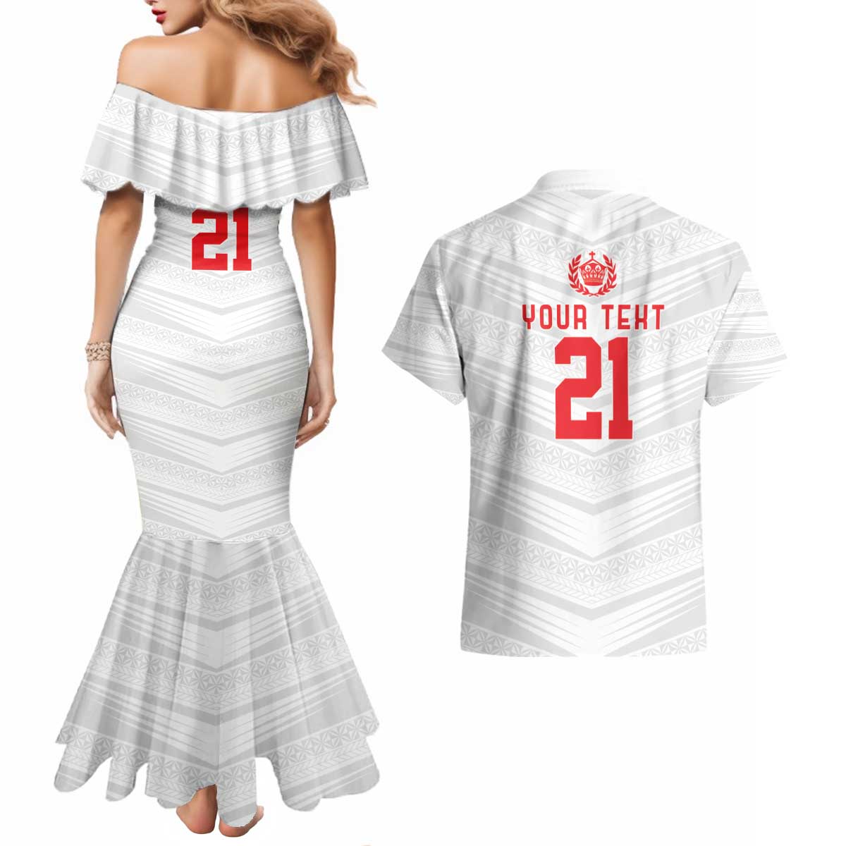 Custom Pacific Rugby Spirit Couples Matching Mermaid Dress and Hawaiian Shirt Tonga Ngatu Pride White Edition - Polynesian Pride