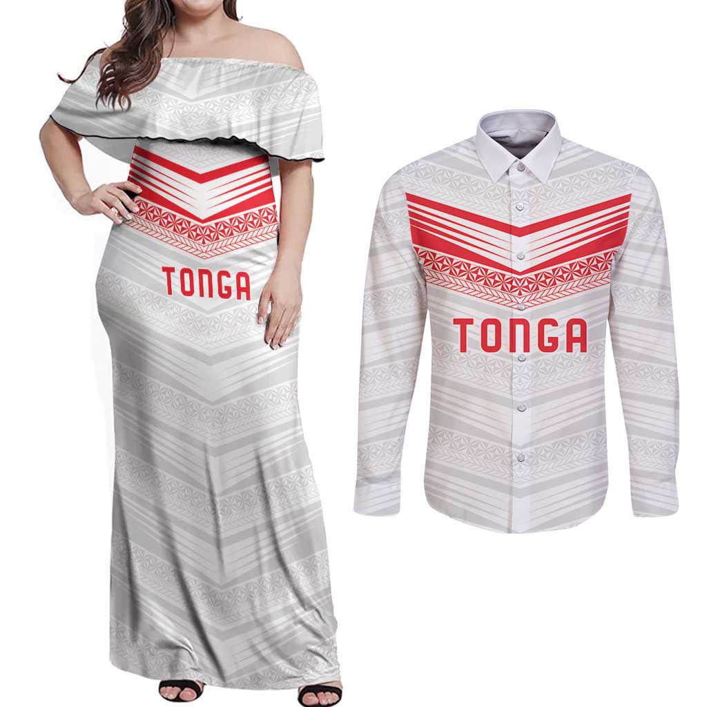 Custom Pacific Rugby Spirit Couples Matching Off Shoulder Maxi Dress and Long Sleeve Button Shirt Tonga Ngatu Pride White Edition - Polynesian Pride