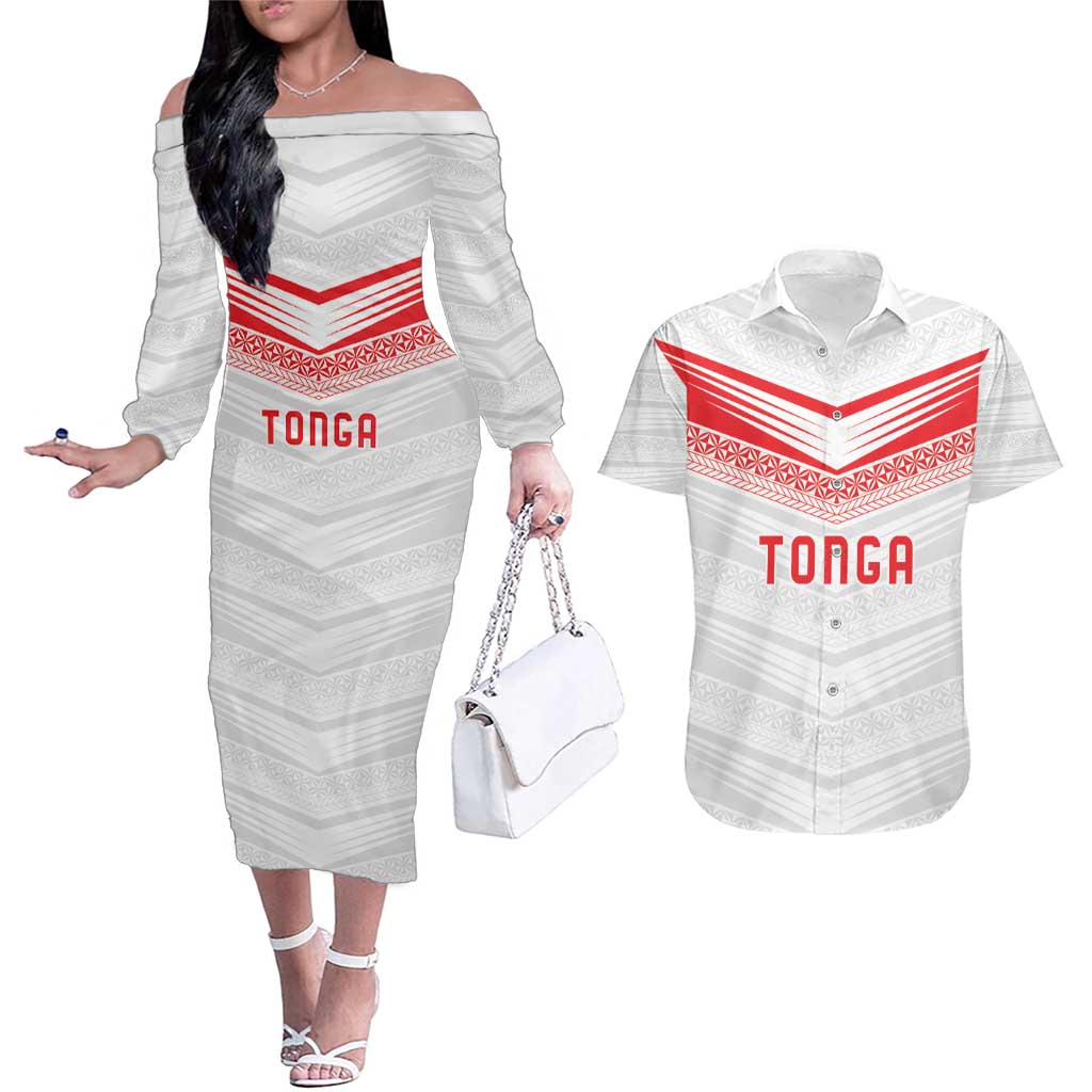 Custom Pacific Rugby Spirit Couples Matching Off The Shoulder Long Sleeve Dress and Hawaiian Shirt Tonga Ngatu Pride White Edition - Polynesian Pride