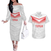 Custom Pacific Rugby Spirit Couples Matching Off The Shoulder Long Sleeve Dress and Hawaiian Shirt Tonga Ngatu Pride White Edition - Polynesian Pride