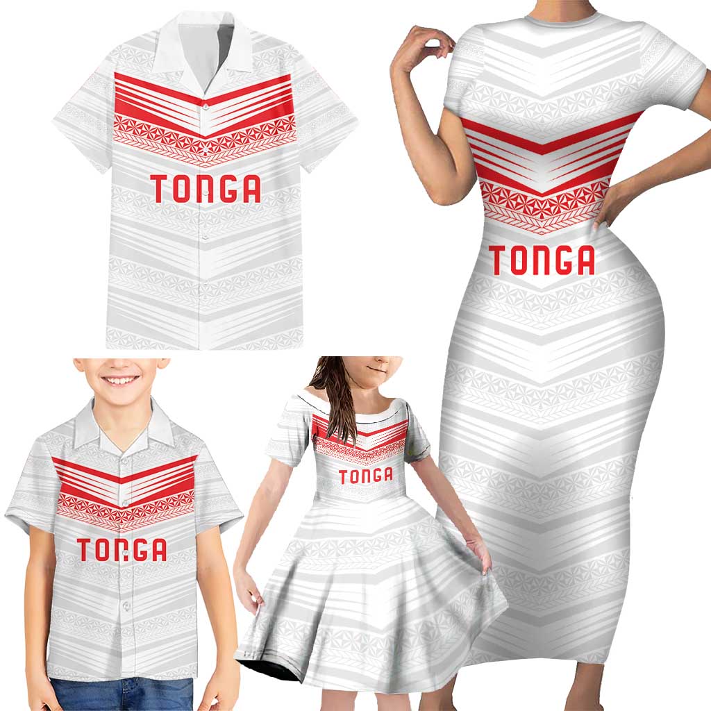 Custom Pacific Rugby Spirit Family Matching Short Sleeve Bodycon Dress and Hawaiian Shirt Tonga Ngatu Pride White Edition - Polynesian Pride