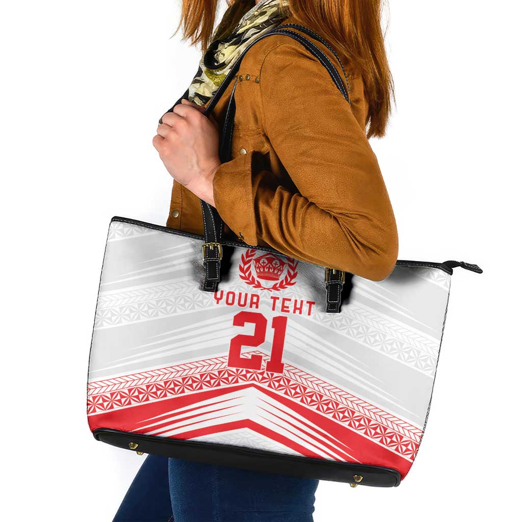 Custom Pacific Rugby Spirit Leather Tote Bag Tonga Ngatu Pride White Edition - Polynesian Pride