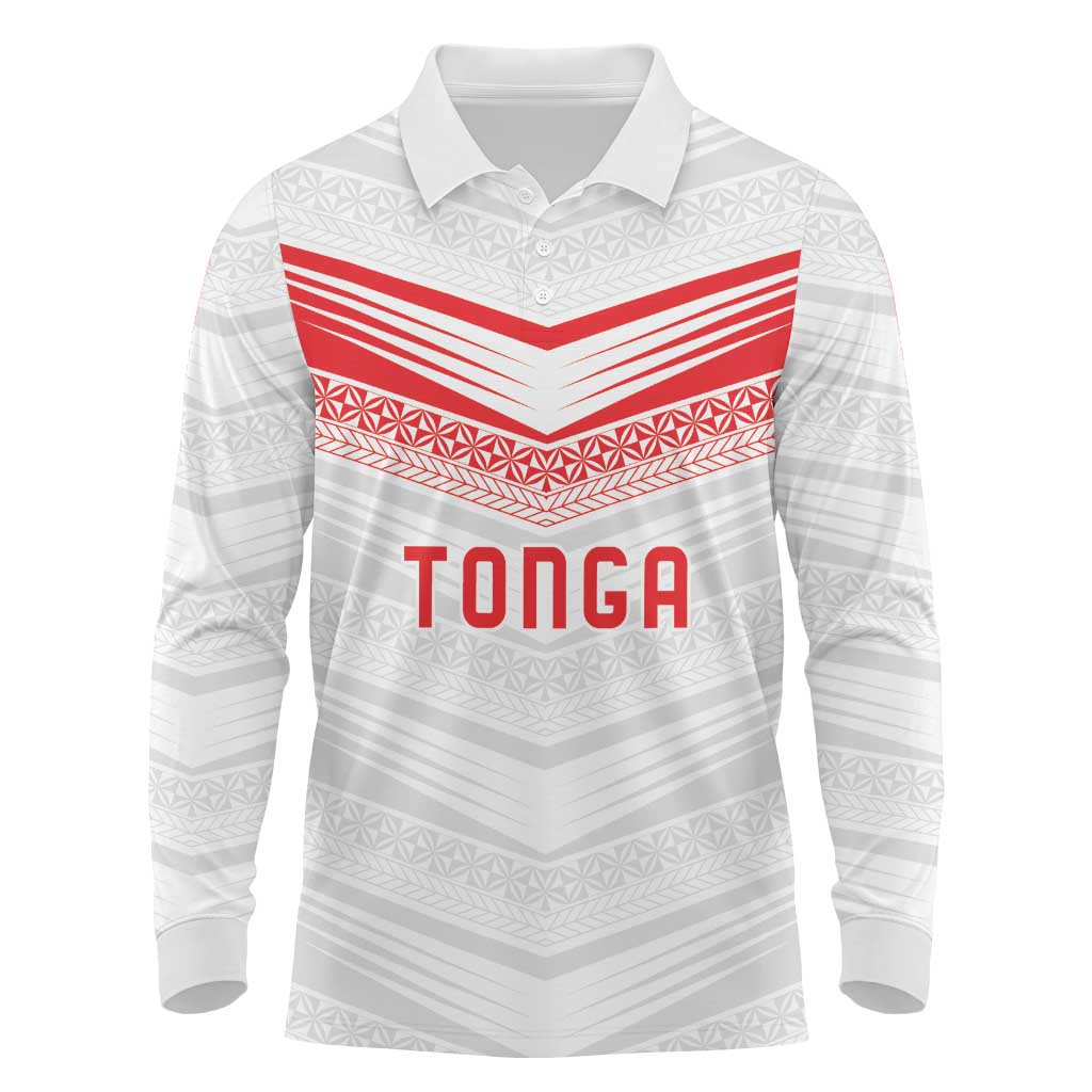 Custom Pacific Rugby Spirit Long Sleeve Polo Shirt Tonga Ngatu Pride White Edition - Polynesian Pride