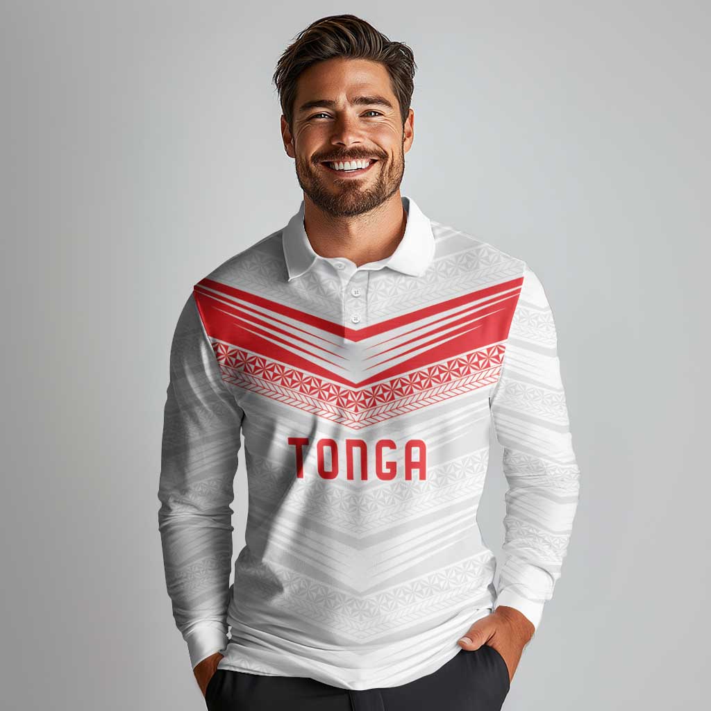 Custom Pacific Rugby Spirit Long Sleeve Polo Shirt Tonga Ngatu Pride White Edition - Polynesian Pride