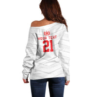 Custom Pacific Rugby Spirit Off Shoulder Sweater Tonga Ngatu Pride White Edition - Polynesian Pride