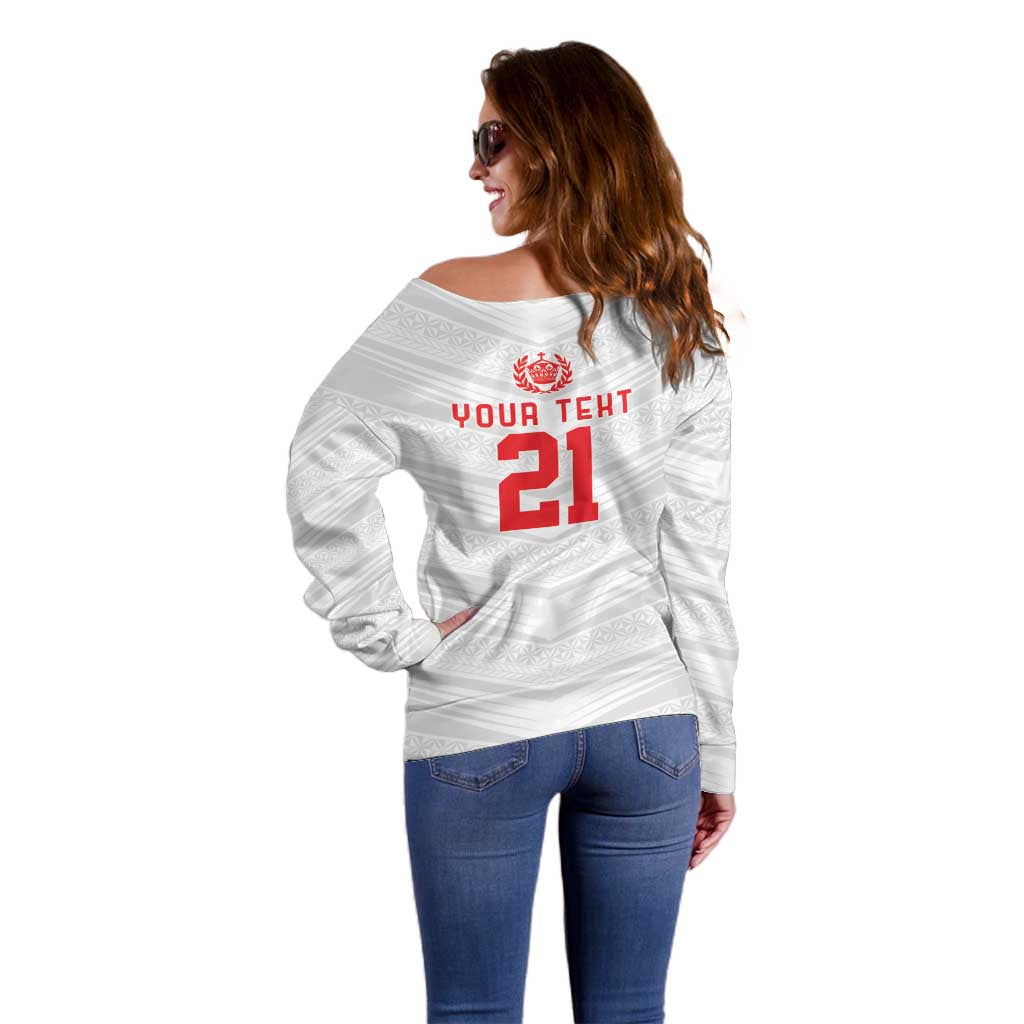 Custom Pacific Rugby Spirit Off Shoulder Sweater Tonga Ngatu Pride White Edition - Polynesian Pride