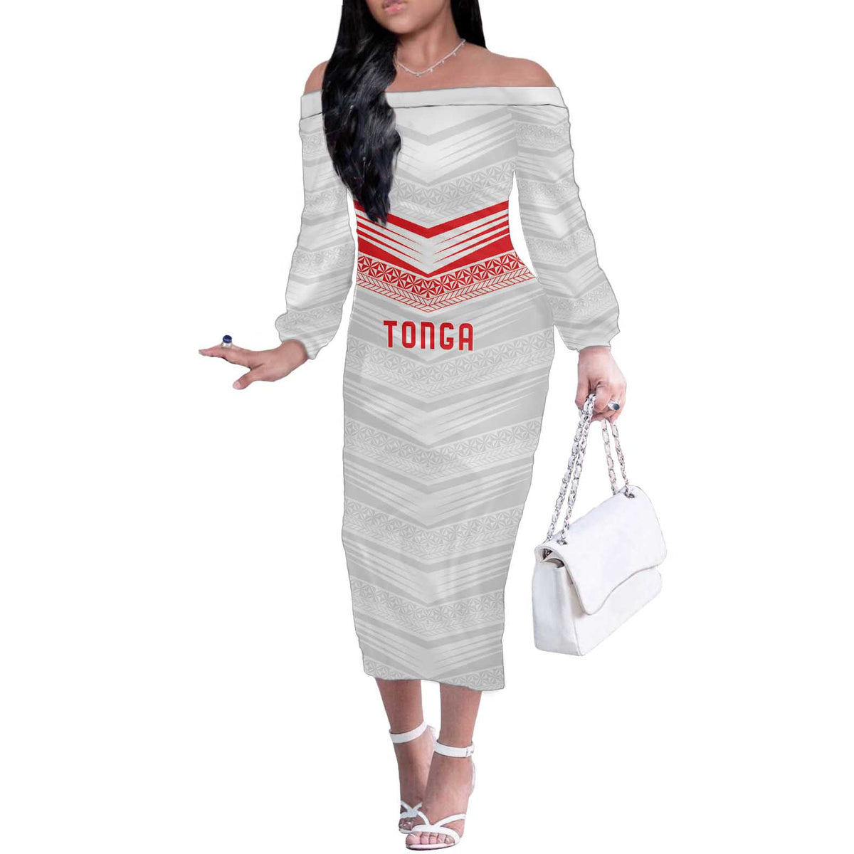 Custom Pacific Rugby Spirit Off The Shoulder Long Sleeve Dress Tonga Ngatu Pride White Edition - Polynesian Pride