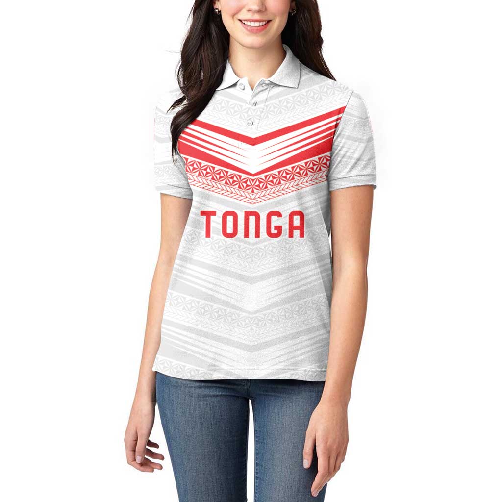 Custom Pacific Rugby Spirit Women Polo Shirt Tonga Ngatu Pride White Edition - Polynesian Pride