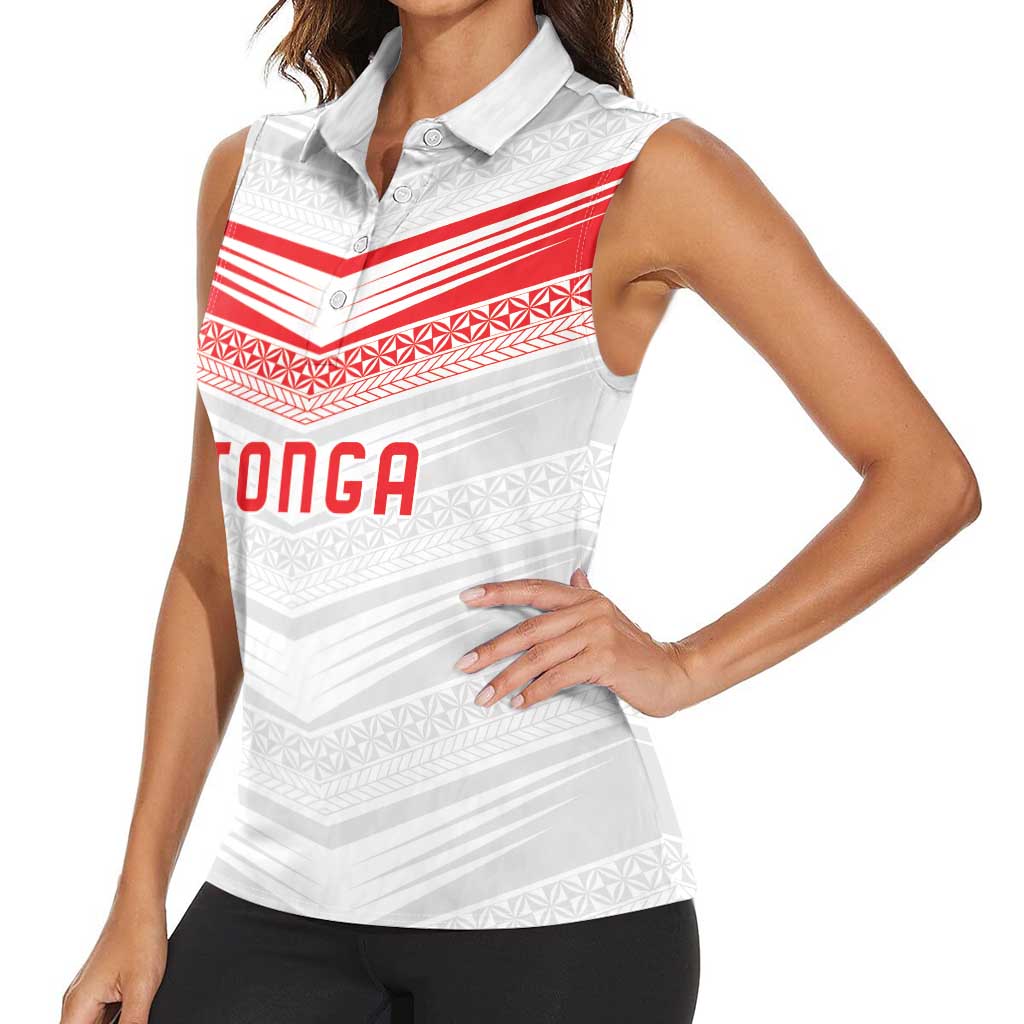 Custom Pacific Rugby Spirit Women Sleeveless Polo Shirt Tonga Ngatu Pride White Edition - Polynesian Pride