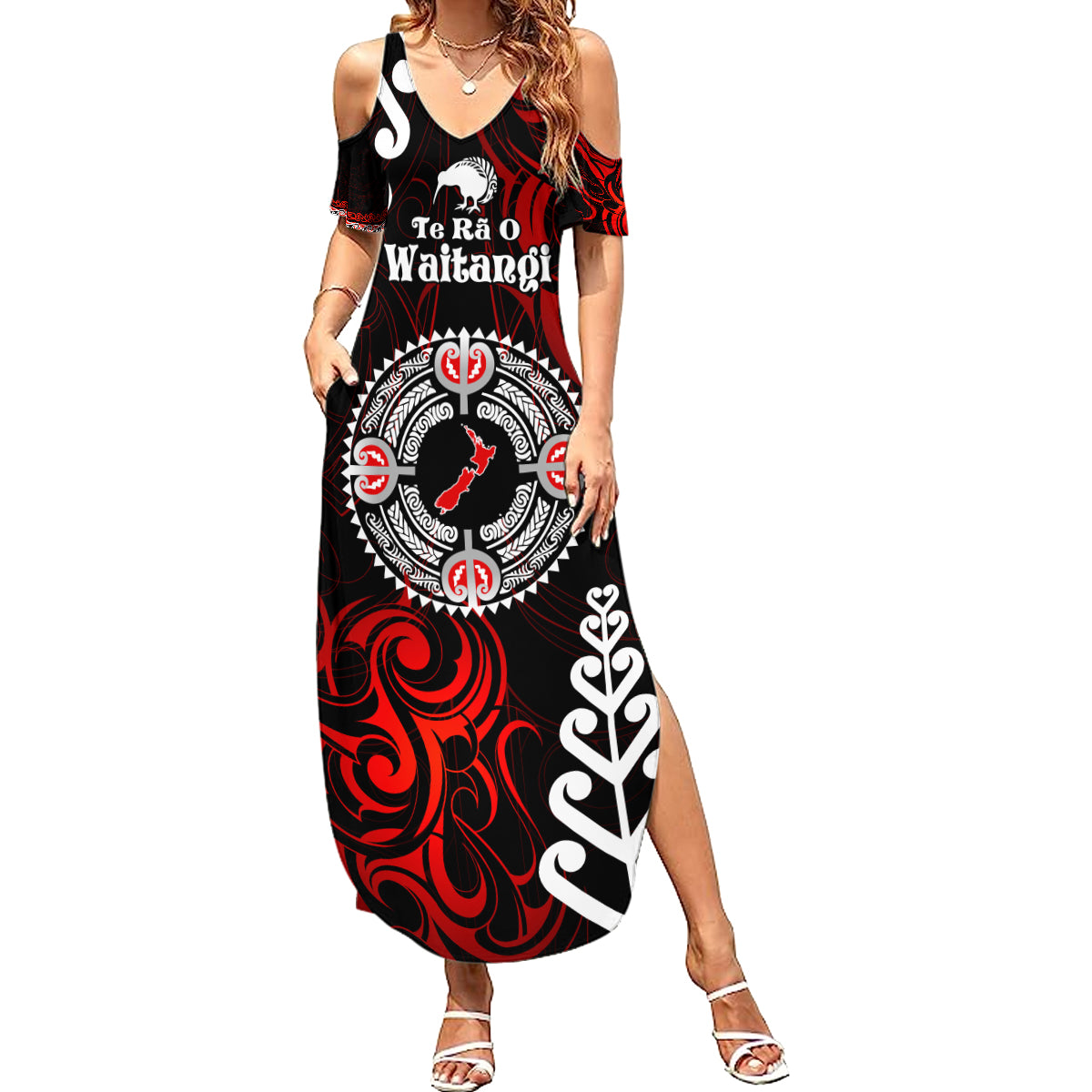 New Zealand Waitangi Day Personalised Summer Maxi Dress Aotearoa Te Ra O Waitangi With Maori Tattoo LT9 Women Red - Polynesian Pride