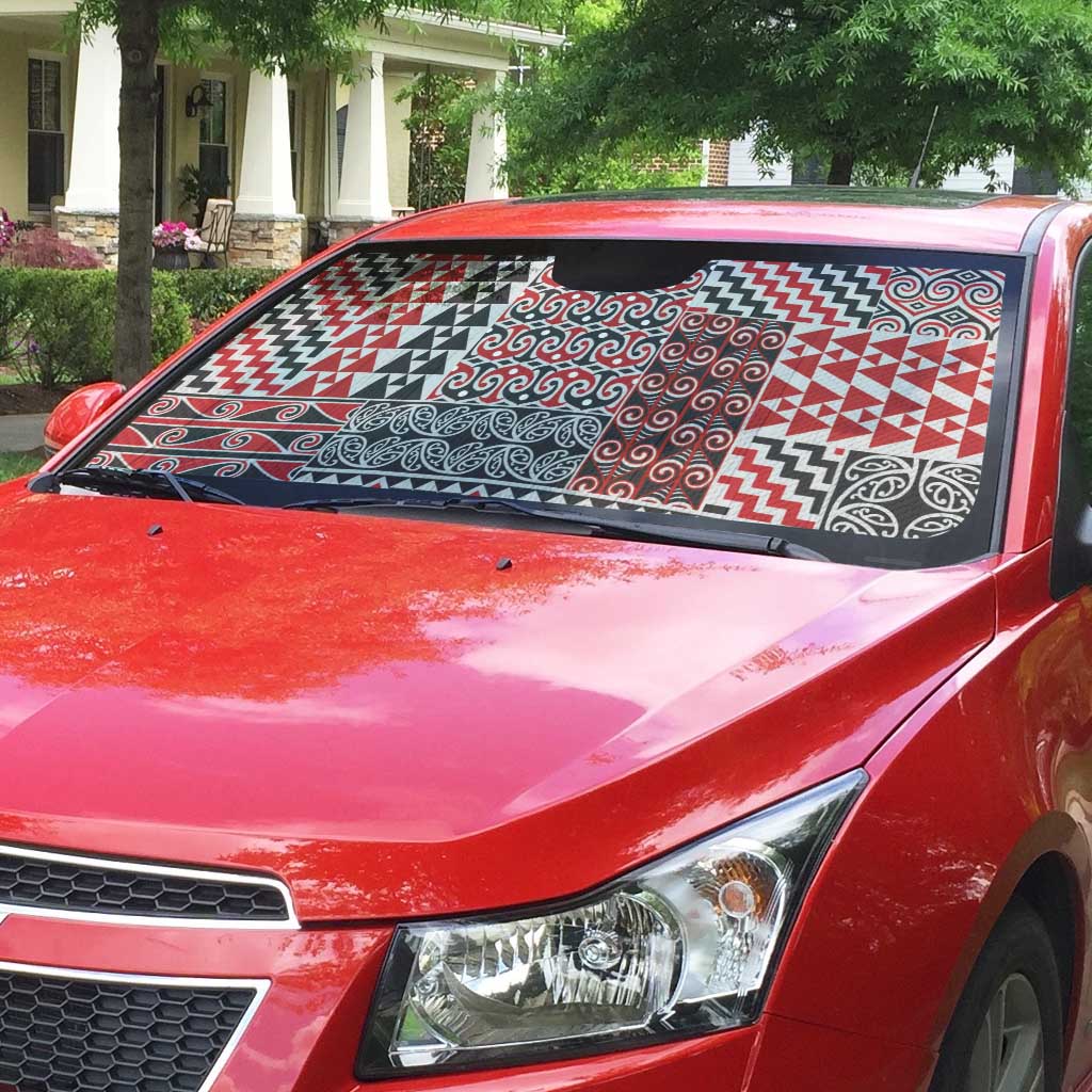 Aotearoa Kowhaiwhai Taniko Patchwork Motifs Auto Sun Shade - Polynesian Pride