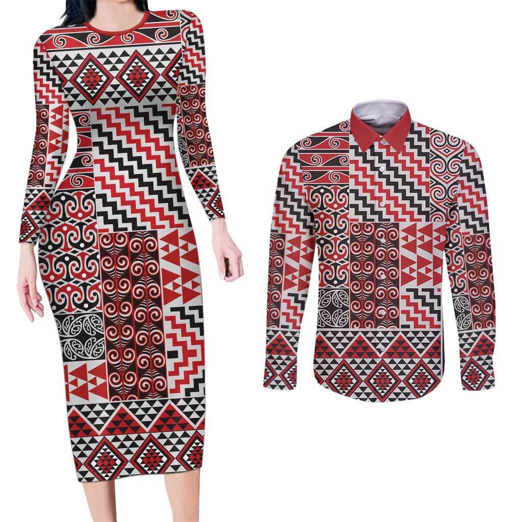 Aotearoa Kowhaiwhai Taniko Patchwork Motifs Couples Matching Long Sleeve Bodycon Dress and Long Sleeve Button Shirt