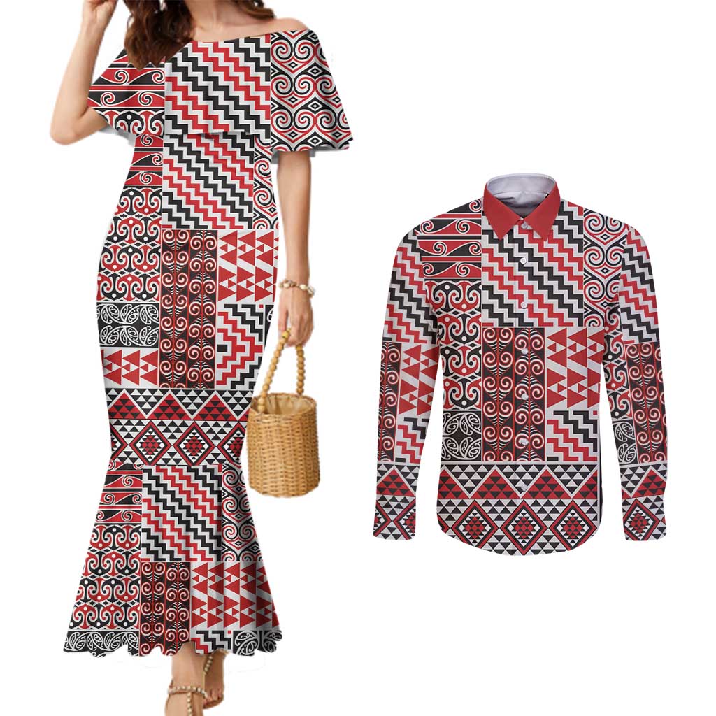 Aotearoa Kowhaiwhai Taniko Patchwork Motifs Couples Matching Mermaid Dress and Long Sleeve Button Shirt