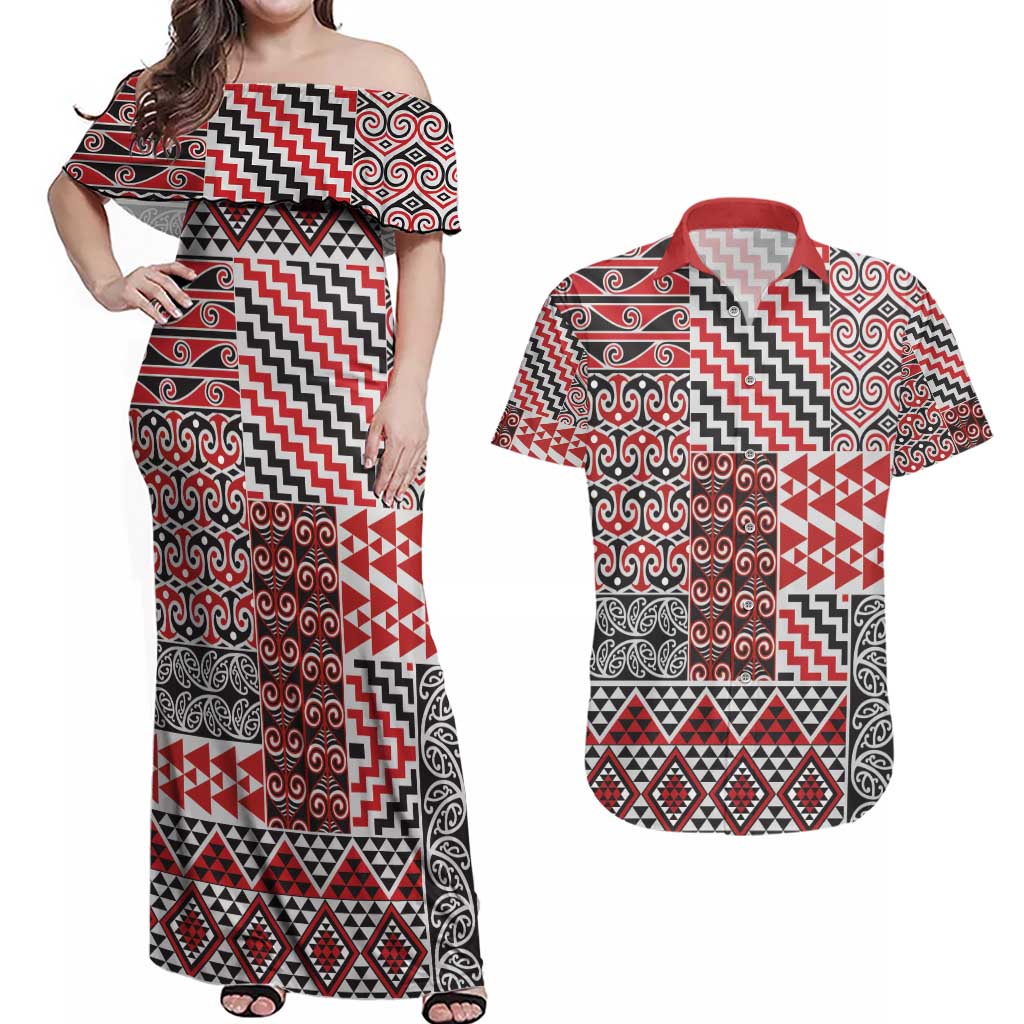 Aotearoa Kowhaiwhai Taniko Patchwork Motifs Couples Matching Off Shoulder Maxi Dress and Hawaiian Shirt