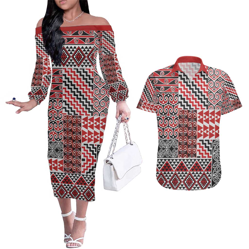 Aotearoa Kowhaiwhai Taniko Patchwork Motifs Couples Matching Off The Shoulder Long Sleeve Dress and Hawaiian Shirt