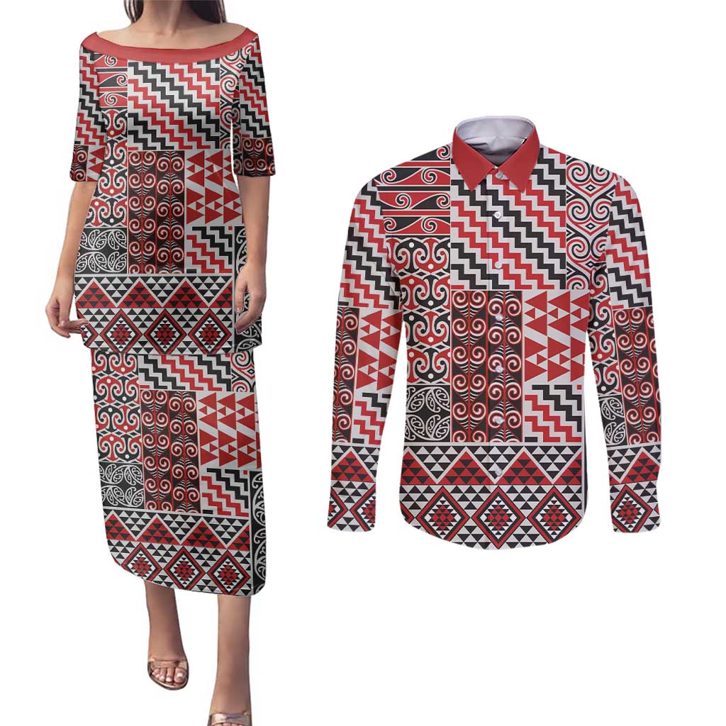 Aotearoa Kowhaiwhai Taniko Patchwork Motifs Couples Matching Puletasi and Long Sleeve Button Shirt