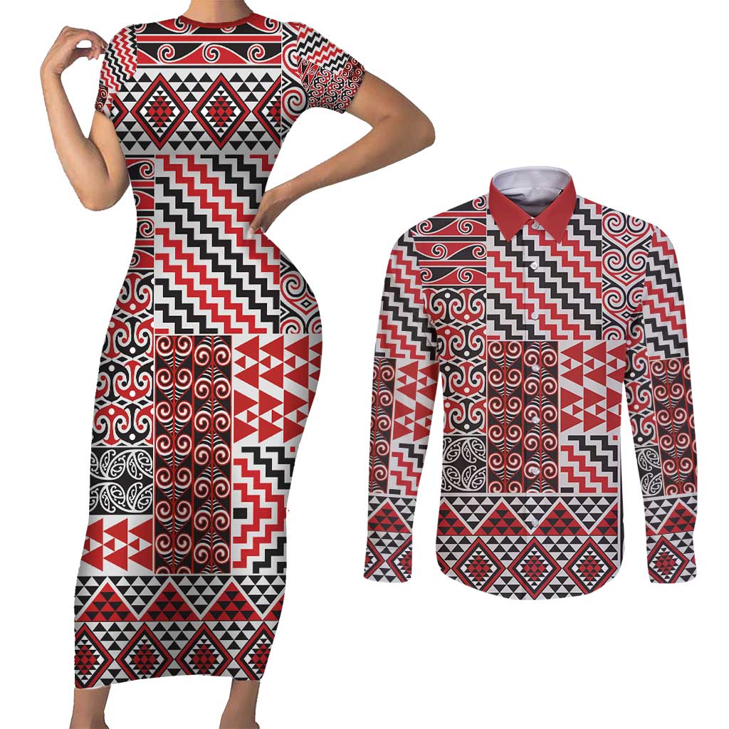 Aotearoa Kowhaiwhai Taniko Patchwork Motifs Couples Matching Short Sleeve Bodycon Dress and Long Sleeve Button Shirt