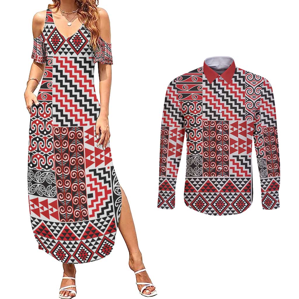 Aotearoa Kowhaiwhai Taniko Patchwork Motifs Couples Matching Summer Maxi Dress and Long Sleeve Button Shirt