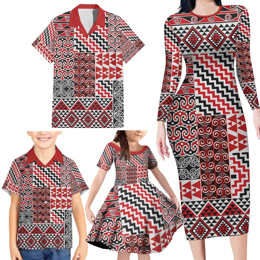 Aotearoa Kowhaiwhai Taniko Patchwork Motifs Family Matching Long Sleeve Bodycon Dress and Hawaiian Shirt