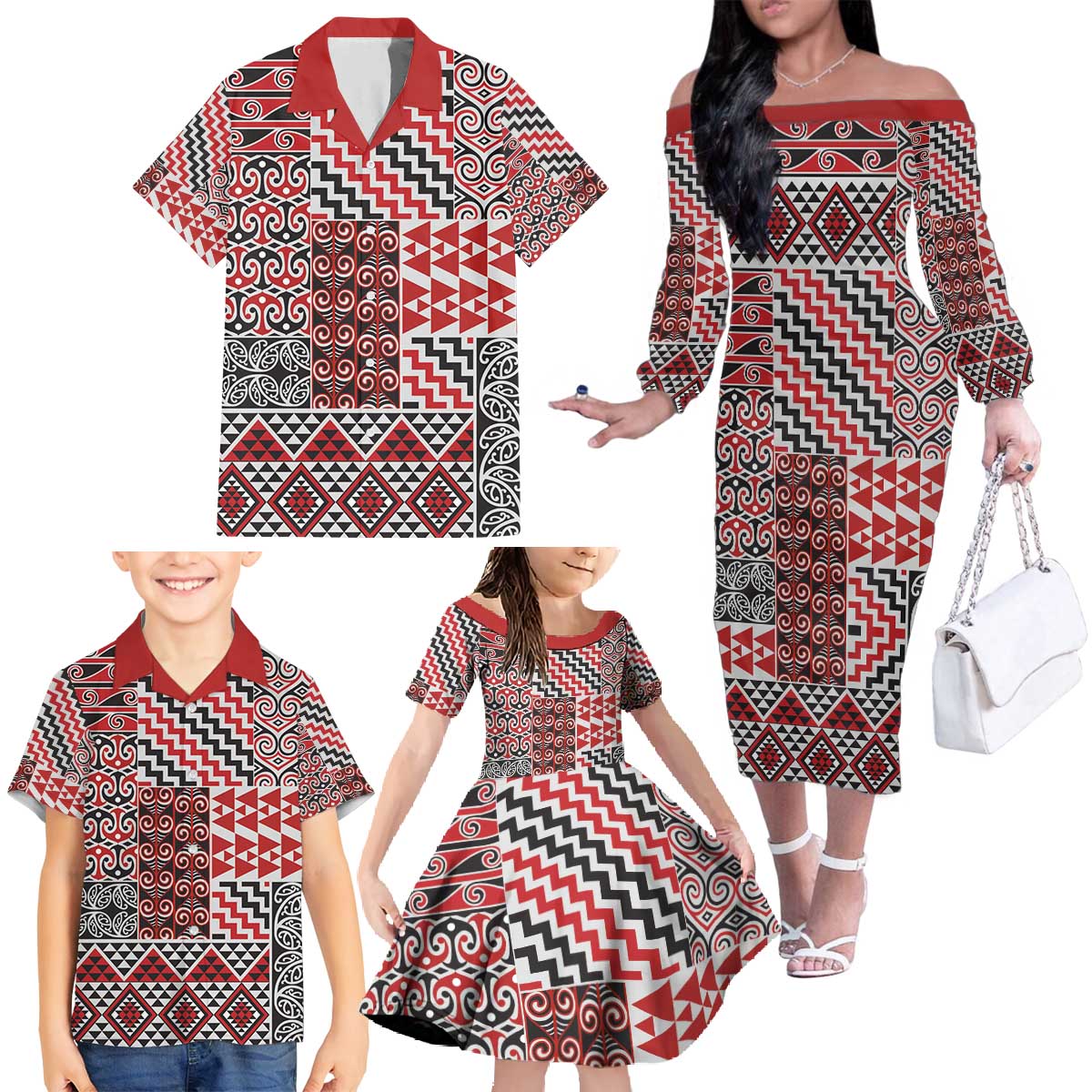 Aotearoa Kowhaiwhai Taniko Patchwork Motifs Family Matching Off The Shoulder Long Sleeve Dress and Hawaiian Shirt