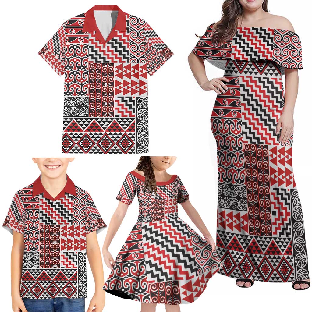 Aotearoa Kowhaiwhai Taniko Patchwork Motifs Family Matching Off Shoulder Maxi Dress and Hawaiian Shirt