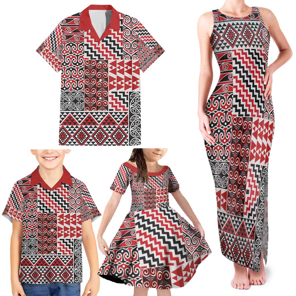 Aotearoa Kowhaiwhai Taniko Patchwork Motifs Family Matching Tank Maxi Dress and Hawaiian Shirt