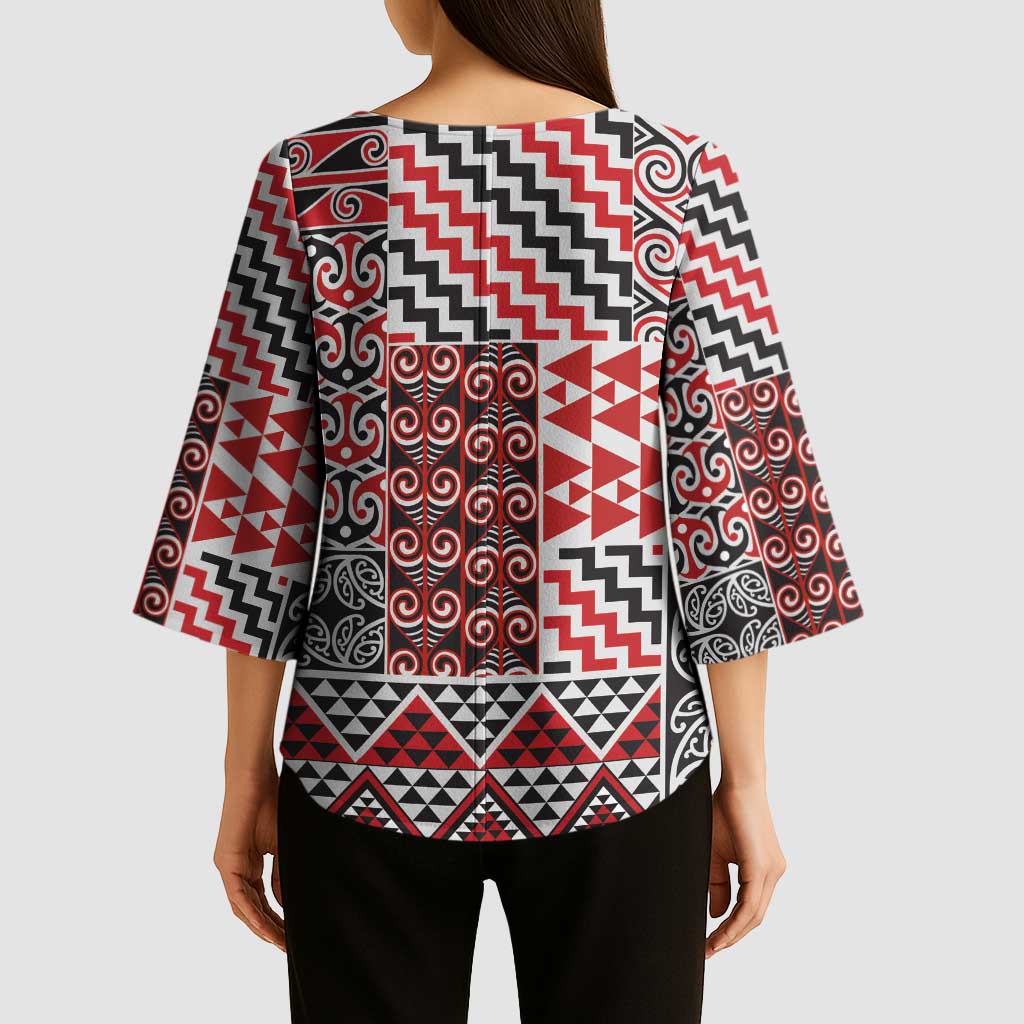 Aotearoa Kowhaiwhai Taniko Patchwork Motifs Kimono Sleeve Blouse - Polynesian Pride