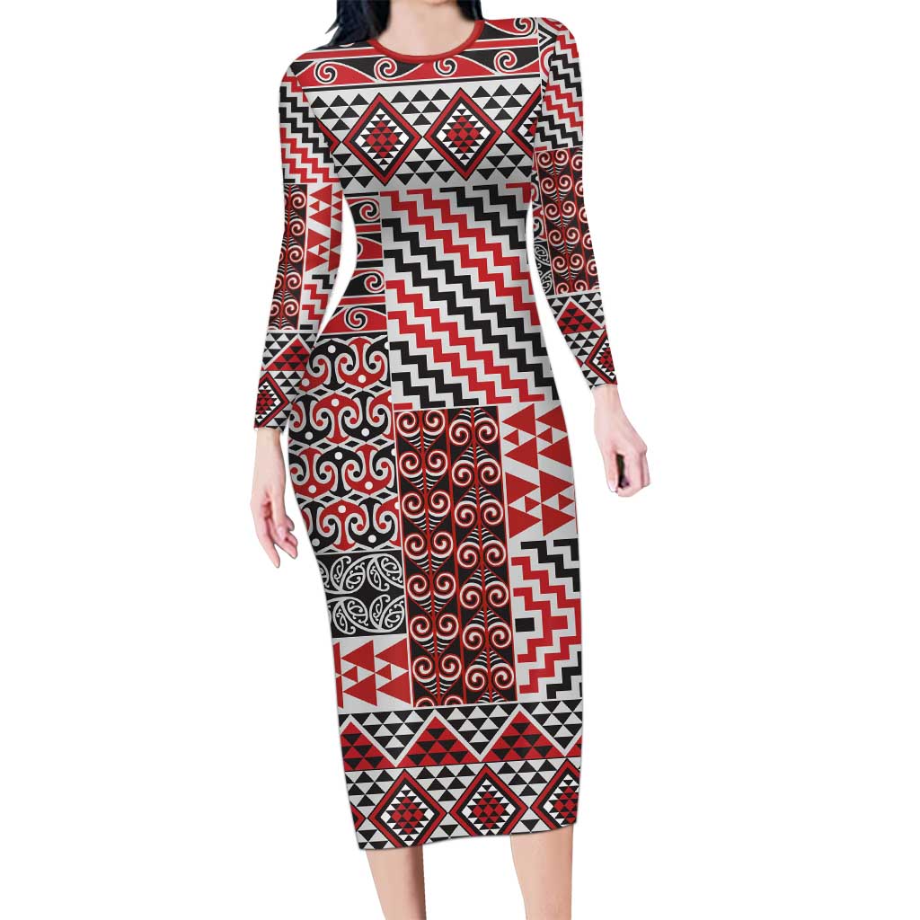 Aotearoa Kowhaiwhai Taniko Patchwork Motifs Long Sleeve Bodycon Dress