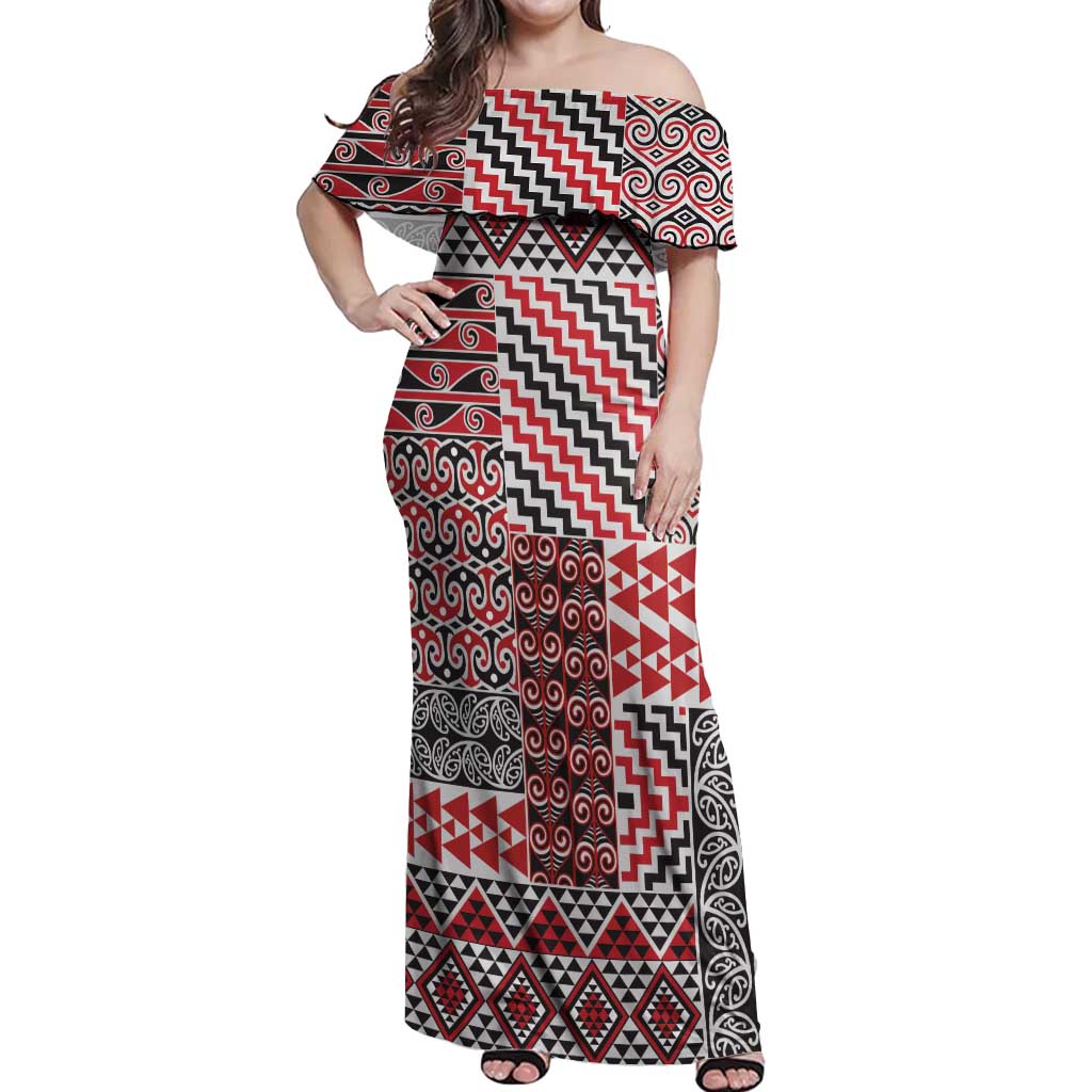 Aotearoa Kowhaiwhai Taniko Patchwork Motifs Off Shoulder Maxi Dress