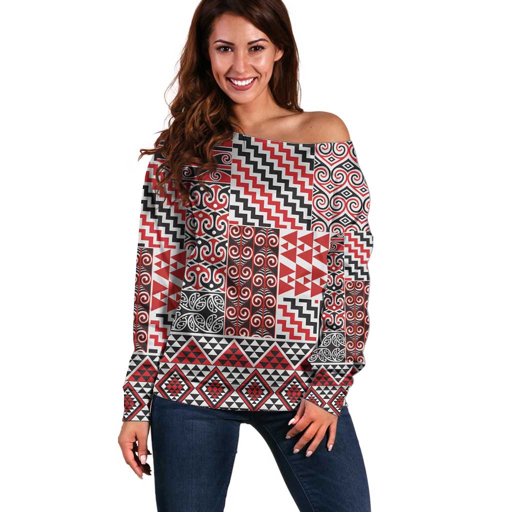 Aotearoa Kowhaiwhai Taniko Patchwork Motifs Off Shoulder Sweater