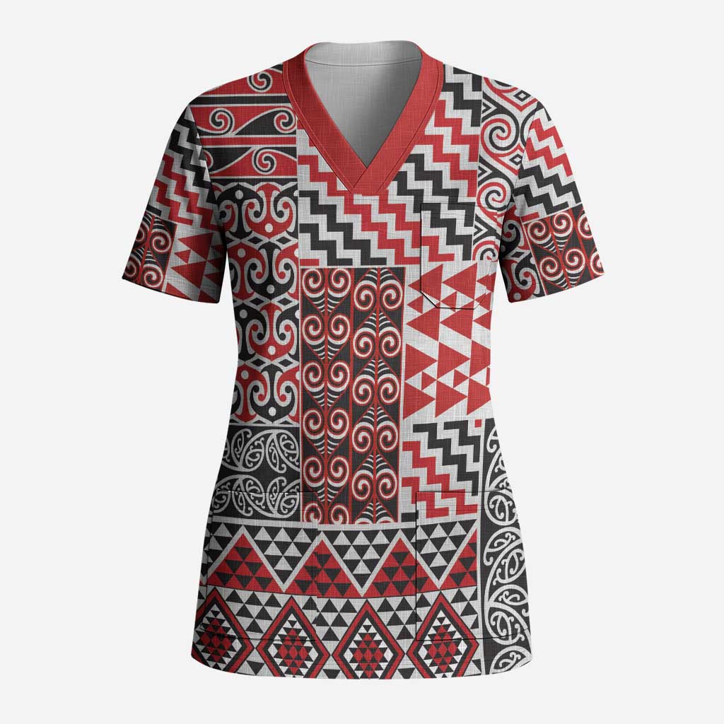Aotearoa Kowhaiwhai Taniko Patchwork Motifs Scrub Top - Polynesian Pride