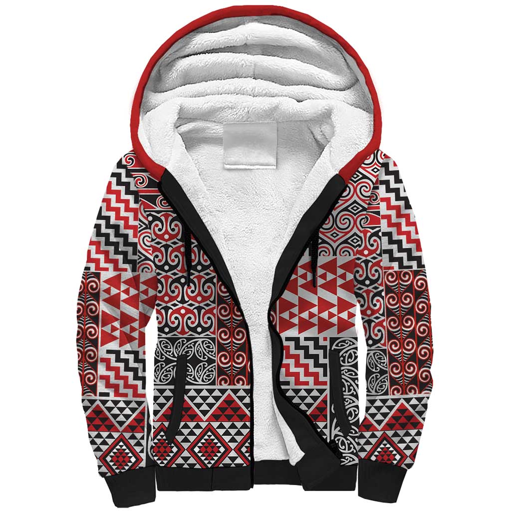 Aotearoa Kowhaiwhai Taniko Patchwork Motifs Sherpa Hoodie